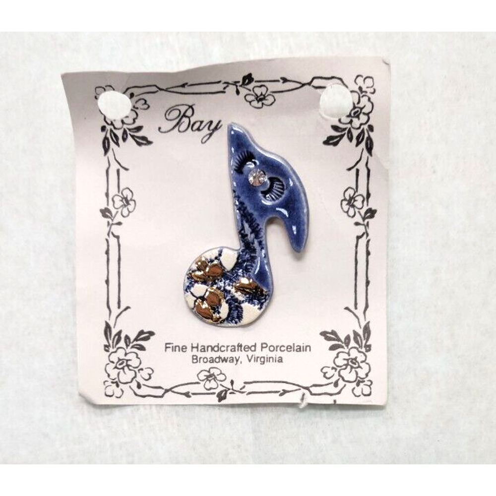 Artisan Signed Blue Porcelain Fired On 18K Gold Austrian Crystal Music Note Pin